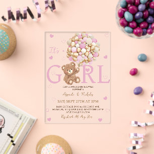Girl Bear Pink Gold Balloons Baby Shower Acrylic Invitations