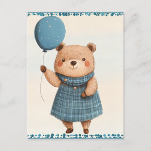 Girl Bear with Blue Plaid Dress and Balloon Postcard