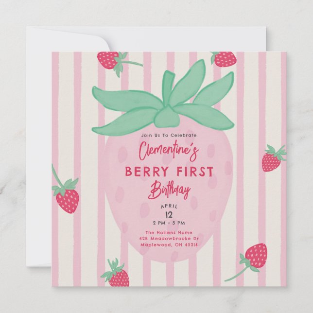 Girl Berry First Birthday Party Invitation (Front)