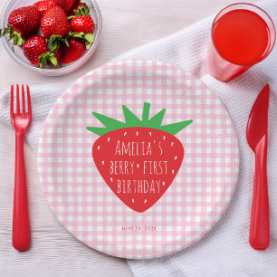 Girl Berry First Birthday Strawberry on Pink Plaid Paper Plate