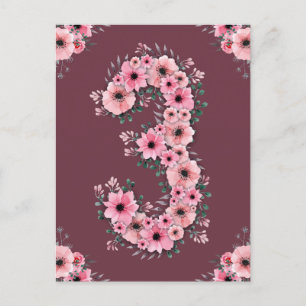 Girl Big 3rd Birthday Pink Flowers Green Foliage Postcard