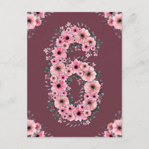 Girl Big 6th Birthday Pink Flowers Green Foliage Postcard