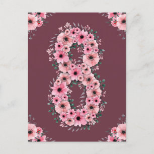 Girl Big 8th Birthday Pink Flowers Green Foliage Postcard