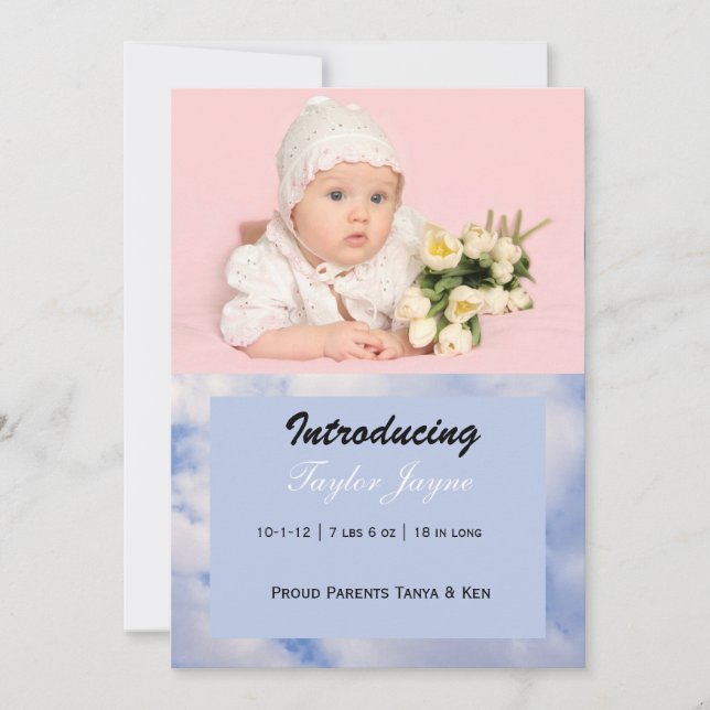 Girl Birth Announcement with Pink & Blue Clouds (Front)