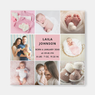 Girl Birth Announcment Personalize 8 Photo Pink  Magnet