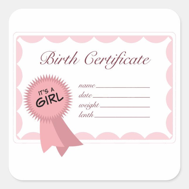 Girl Birth Certificate Square Sticker (Front)