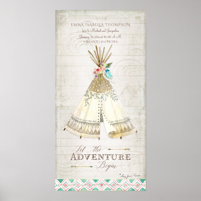 Girl Birth Info Tribal Boho Adventure Teepee Arrow Poster (Front)