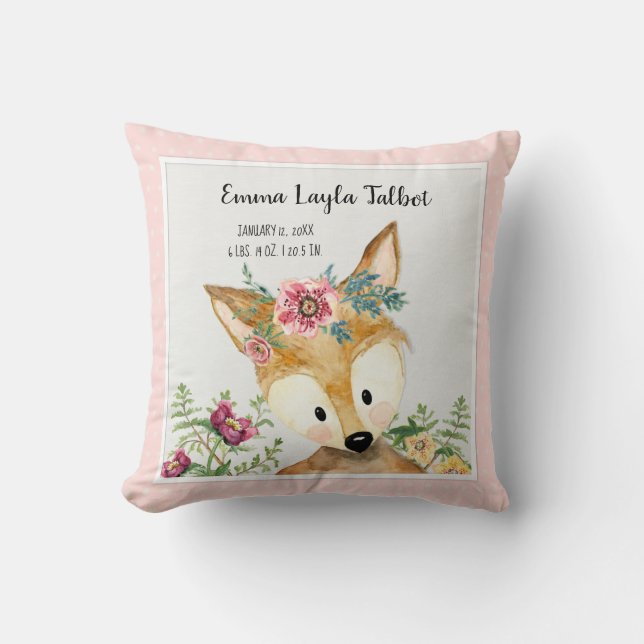 Girl Birth Stats Deer Watercolor Woodland Animal Throw Pillow (Front)