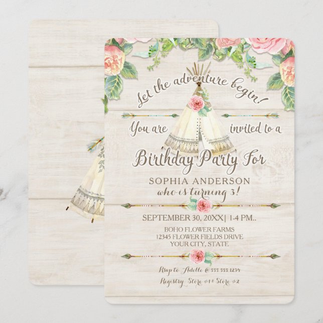 Girl Birthday Adventure BOHO Teepee Arrow Wood Invitation (Front/Back)