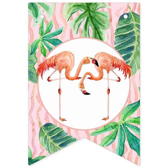 Girl Birthday Party Pink Flamingo Leaf Watercolor Bunting Flags (First Flag)