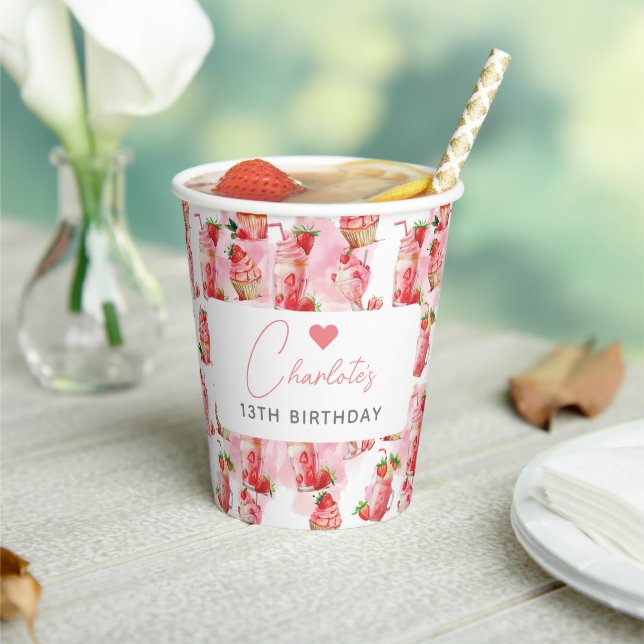 Girl Birthday Personalized Strawberry Milkshake  Paper Cups (Insitu)