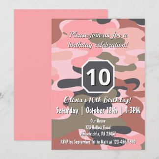 Girl Birthday Pink Green Camouflage Cute Custom Invitation