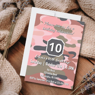 Girl Birthday Pink Green Camouflage Cute Custom Invitation