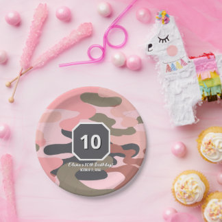 Girl Birthday Pink Green Camouflage Cute Custom Paper Plate