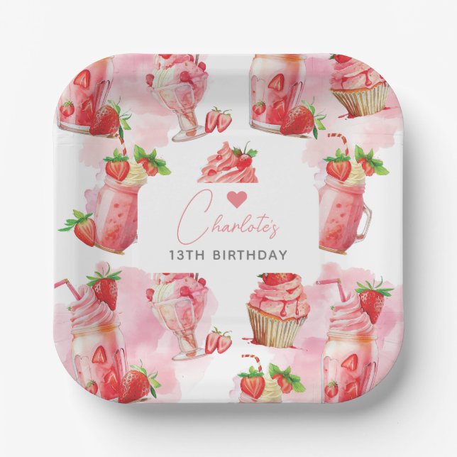Girl Birthday Strawberry Milkshake Personalized Paper Plate (Front)