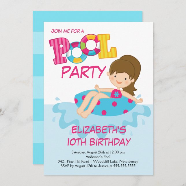 Girl Birthday Summer Pool Party Invitation (Front/Back)