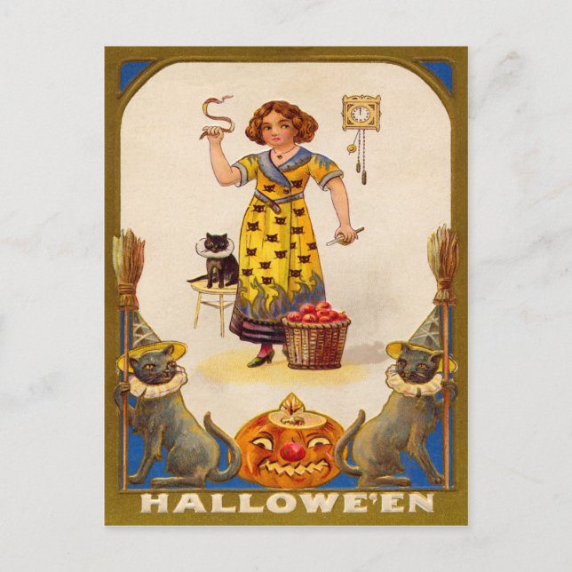 Girl Black Cat Jack O' Lantern Postcard (Front)