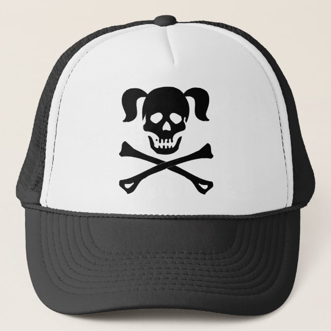 Girl Black Skull With Pig Tails Trucker Hat (Front)