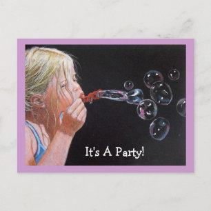 Girl Blowing Bubbles: Birthday Party Invitation Postcard