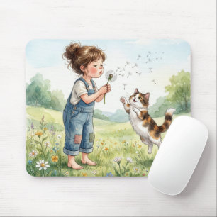 Girl Blowing Dandelion Seedlings with Cat Mouse Pad