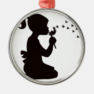 Girl Blowing on Dandelion silhouette Metal Ornament