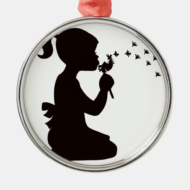 Girl Blowing on Dandelion silhouette Metal Ornament (Front)