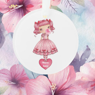 Girl Blowing Pink Bubble Gum Bubble, Birthday Ornament