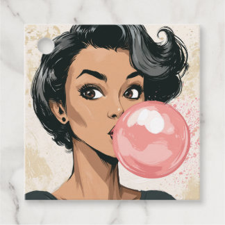Girl Blowing Pink Bubble Gum Bubble Fun Cute Favour Tags