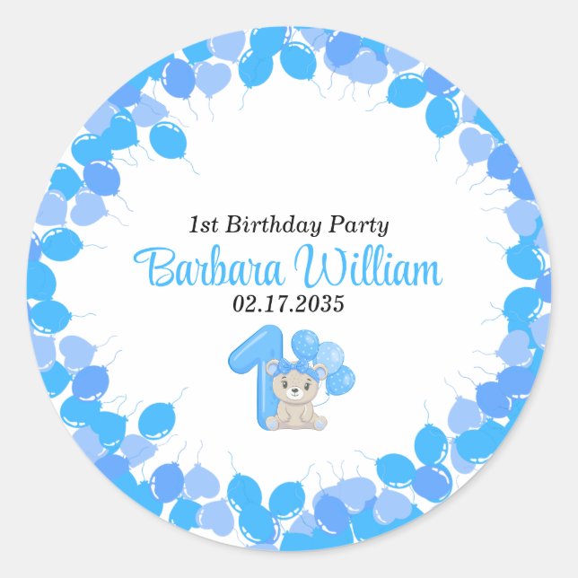 Girl Blue Bear 1st Birthday Classic Round Sticker (Front)