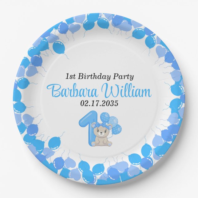 Girl Blue Bear 1st Birthday Paper Plates (Front)