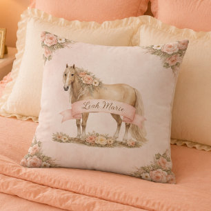 Girl Blush Pink Floral Horse Rose Monogram Name Throw Pillow