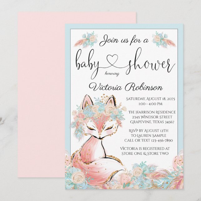 Girl Boho Fox Pink Teal Gold Baby Shower Invitation (Front/Back)