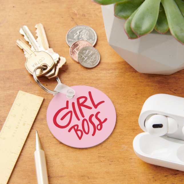 Girl Boss Bold Typography Red & Pink Feminine Keychain (Desk)