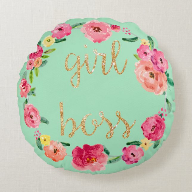 Girl Boss Floral Glitter Circle Pillow (Front)