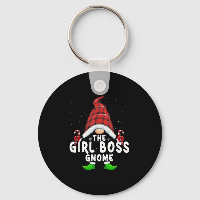 Girl Boss Gnome Buffalo Plaid Matching Family Chri Keychain (Front)