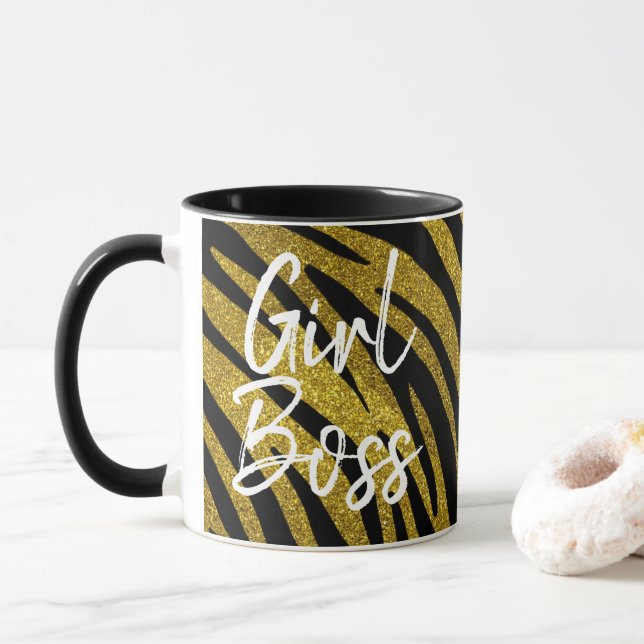 Girl Boss Zebra Stripes & Faux Gold Glitter Mug (With Donut)