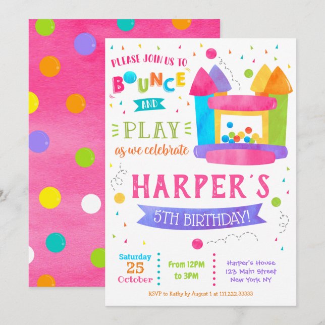 Girl Bounce House Birthday Party Invitations (Front/Back)