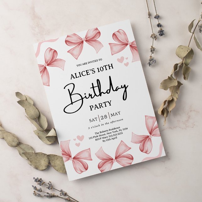 Girl Bow Pink Birthday Party Invitation (Creator Uploaded)