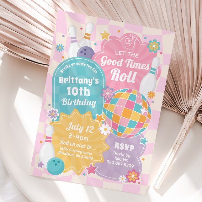 Girl Bowling Birthday Party Pink Retro Invitation (Pink Retro Bowling Invitation)