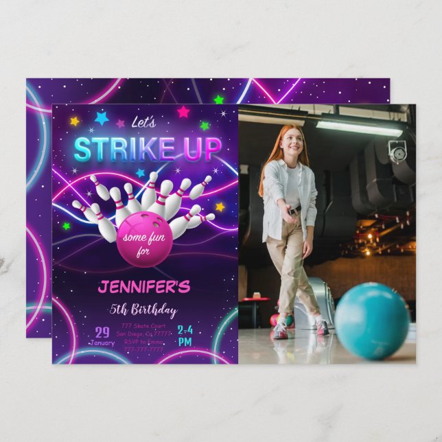 Girl Bowling Birthday Photo Invitation (Front/Back)