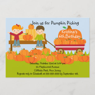 Girl Boy Pumpkin Picking Birthday Party Invitation