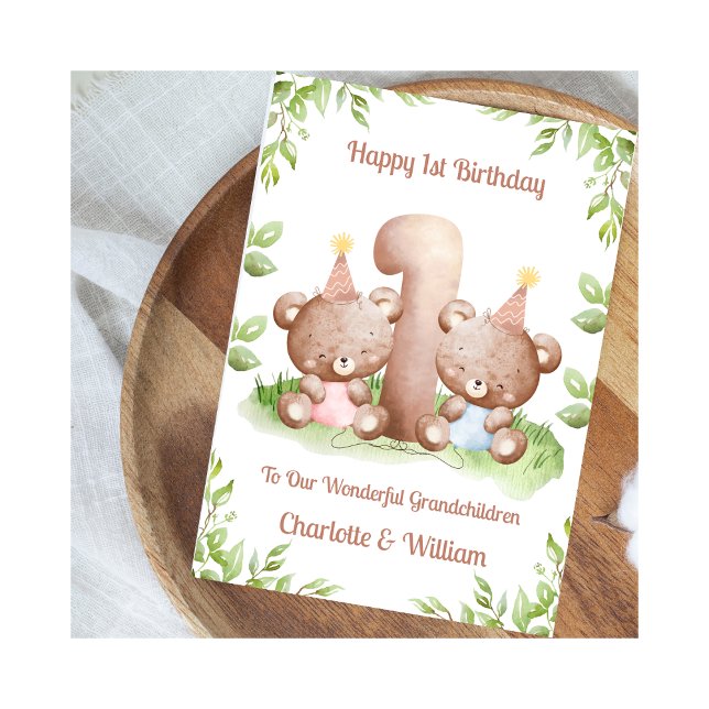 Girl Boy Twins 1st Birthday Teddy Bears Card (Creator Uploaded)