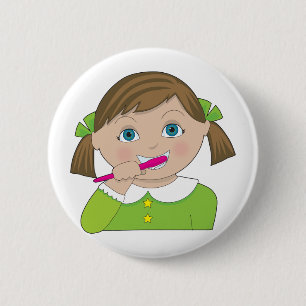 Girl Brushing Teeth 2 Inch Round Button