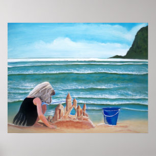 Girl building sand castle by the sea painting art poster