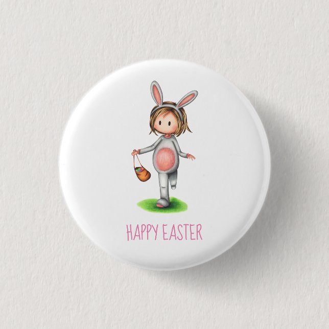 Girl Bunny Happy Easter 1 Inch Round Button (Front)