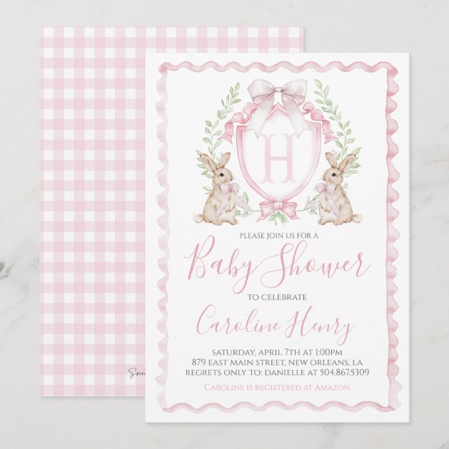 Girl Bunny Rabbit Baby Shower Preppy Gingham Pink Invitation (Front/Back)