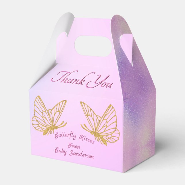 Girl Butterfly Pink Sparkly Whimsical Baby Shower Favor Box (Front Side)