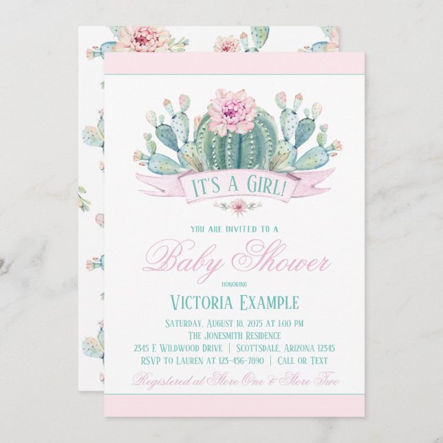 Girl Cactus Baby Shower Invitations (Front/Back)