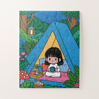 Girl Camping in Cozy Tent at Night Jigsaw Puzzle