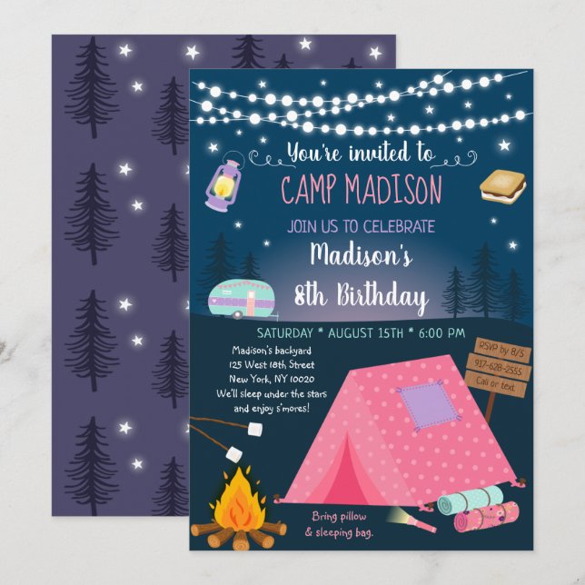 Girl Camping S'mores Sleepover Birthday Invitation (Front/Back)